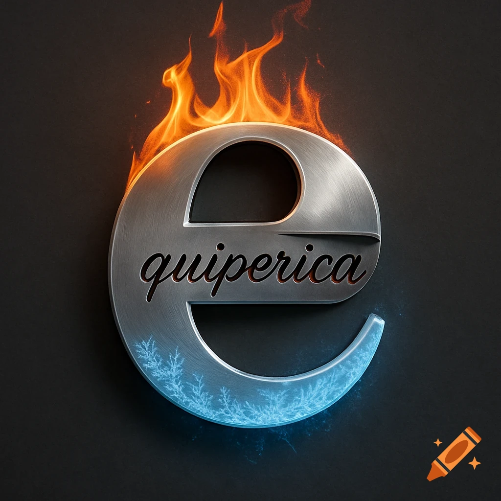 A lowercase metal letter 'e' with flames at the top and ice crystals at the bottom, engraved with the word 'quiperica'.
