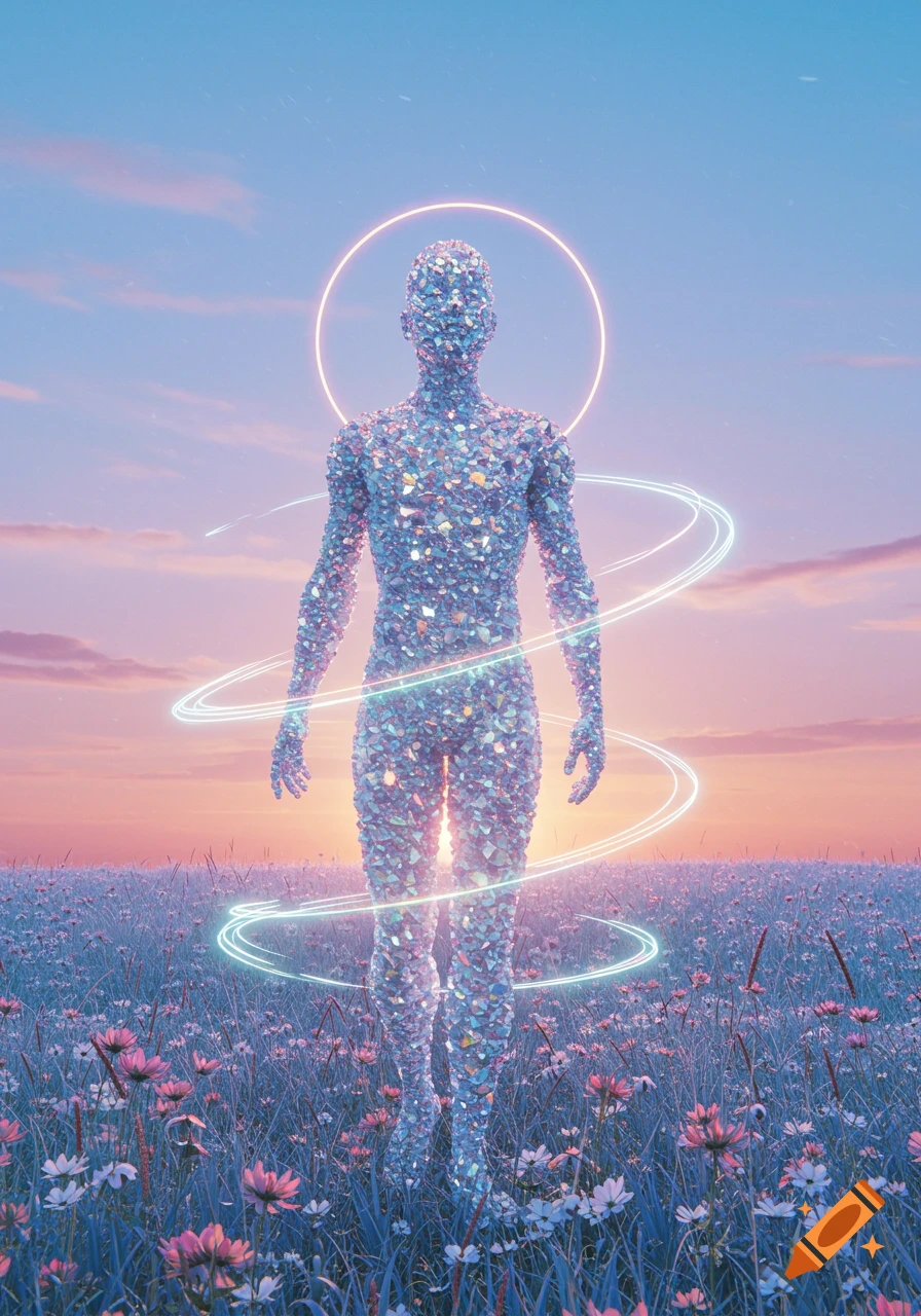 A glittering, diamond-like figure with a glowing halo and energy rings stands in a field of flowers at sunset.