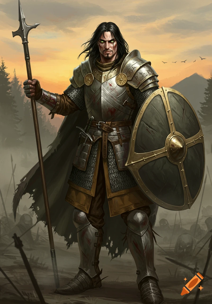 A dark-haired fantasy warrior with green eyes and a scarred face stands armored with a spear and shield on a battlefield at sunset.