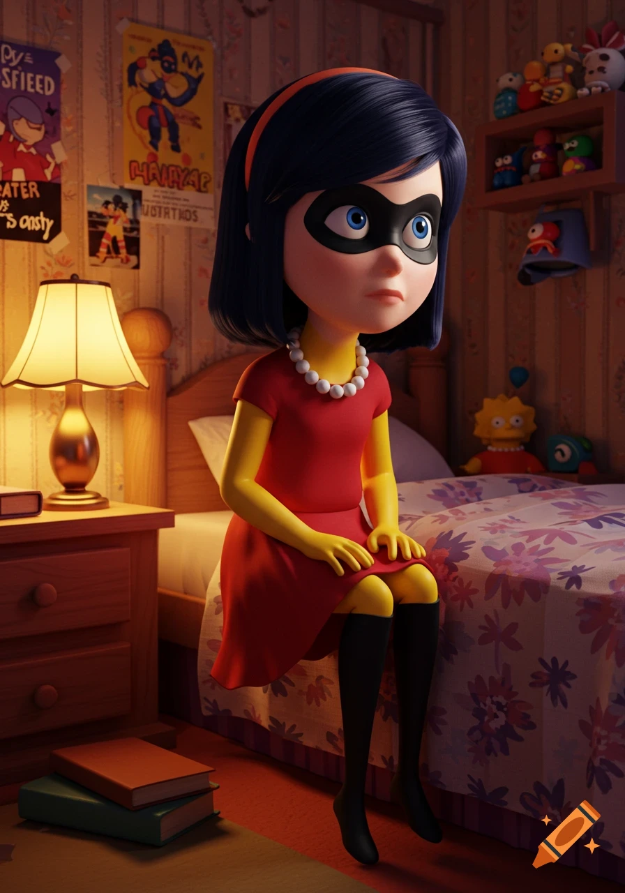 Violet Parr with yellow skin, wearing Lisa Simpson's red dress and black mask, sitting on a bed in a room with posters.