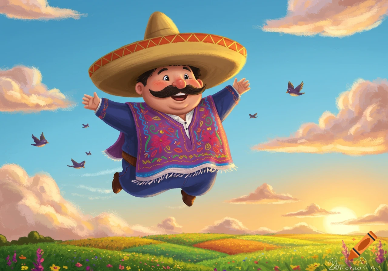 A cheerful, cartoon man in a sombrero and poncho flies over a vibrant green and yellow field with small birds and fluffy clouds at sunset.