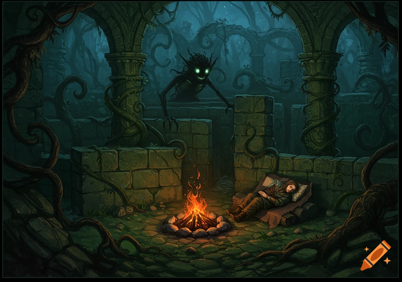 Eerie, glowing-eyed creature skulks in dark ruins over a sleeping adventurer by a campfire, fantasy art.