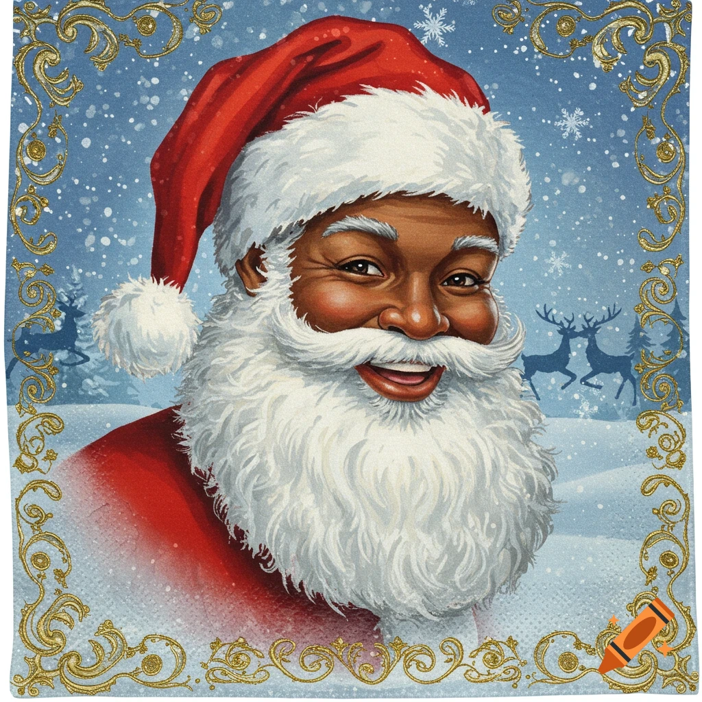 A cheerful Black Santa Claus in a red hat and white beard, smiling in a snowy Christmas scene with golden decorative borders.
