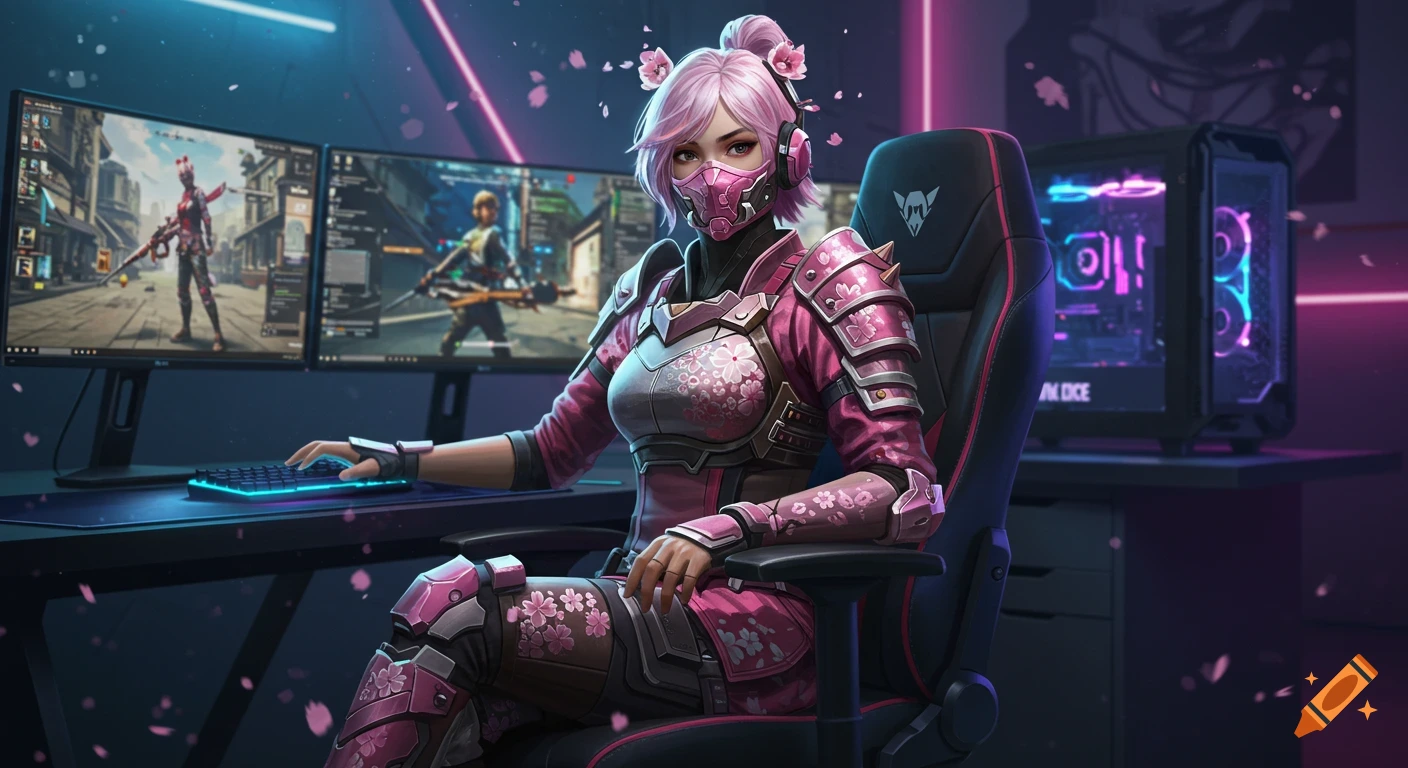 An anime-style woman in pink armor and mask sits in a futuristic gaming room, playing on multiple monitors with RGB lighting.