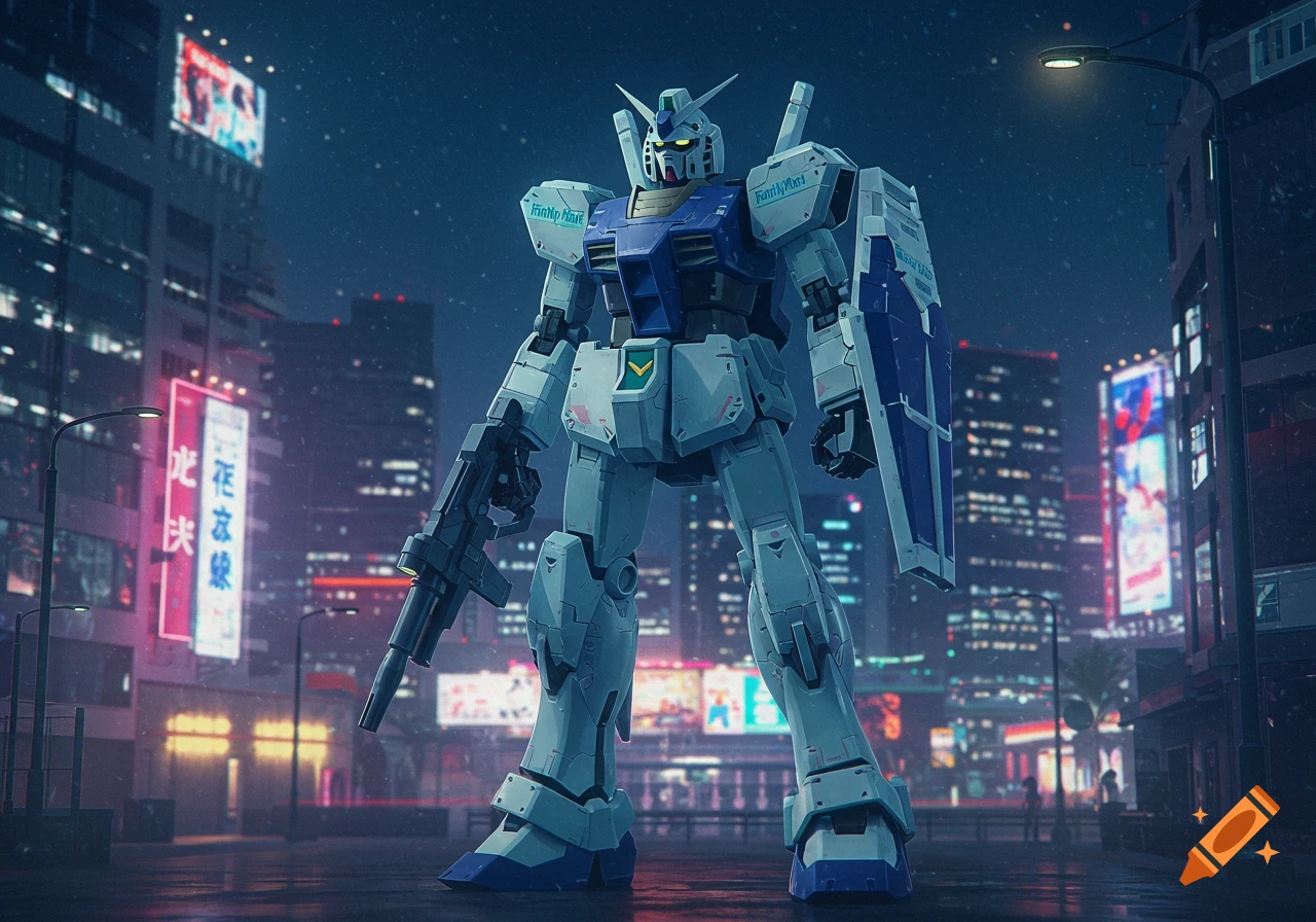 A white and blue Gundam robot stands in a futuristic city street at night, holding a rifle and shield, with neon signs in the background.