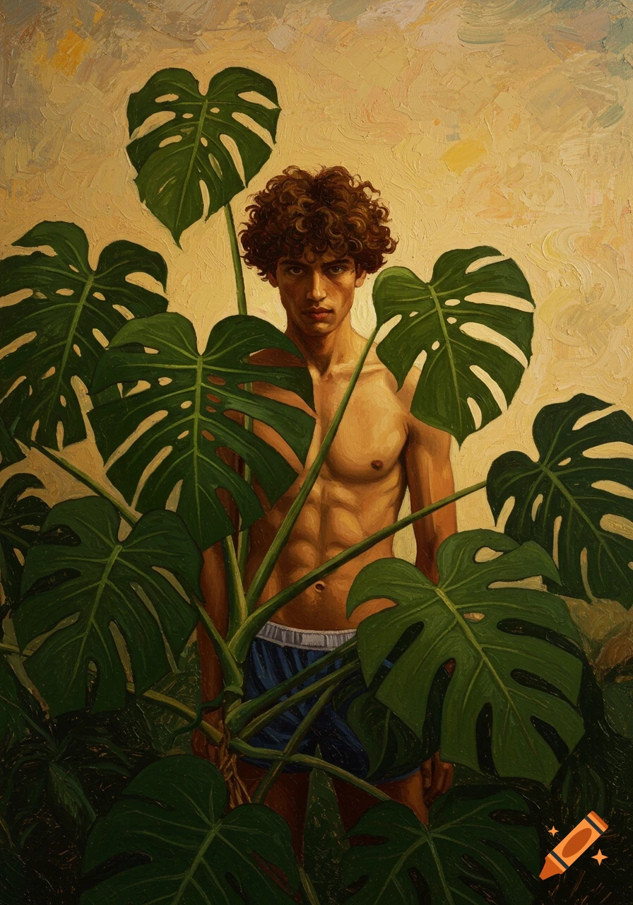 A painting of a shirtless man with curly brown hair in blue boxers, partially obscured by large green Monstera leaves.