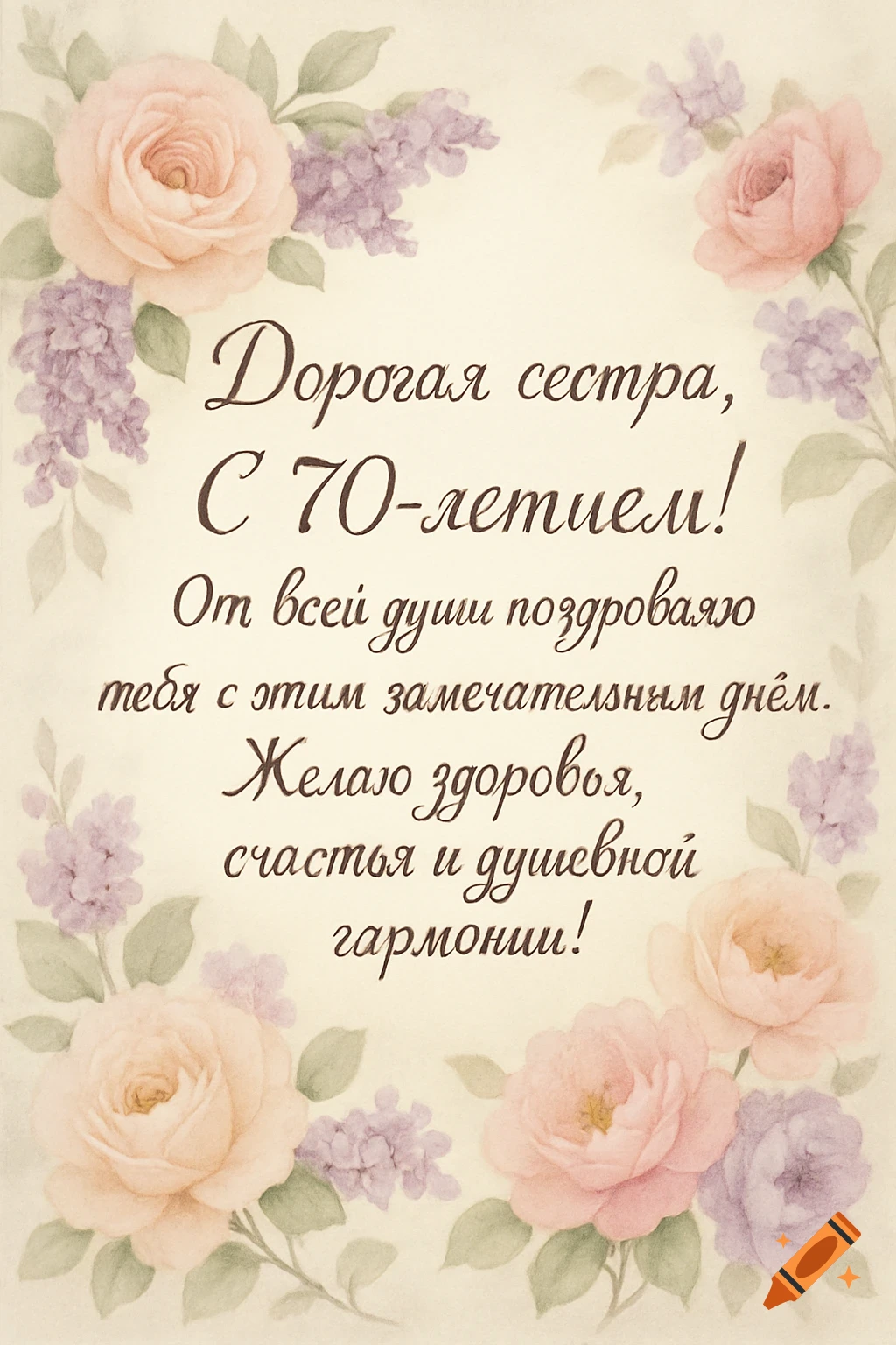 A watercolor greeting card with pastel roses and lilac flowers framing a Russian birthday message for a sister's 70th anniversary.