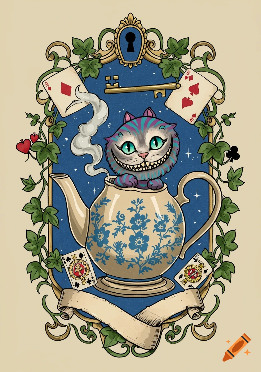 A whimsical illustration of the Cheshire Cat with glowing green eyes, grinning from inside a blue and white patterned teapot, surrounded by ivy, playing cards, and a key, against a starry blue background in an ornate frame.