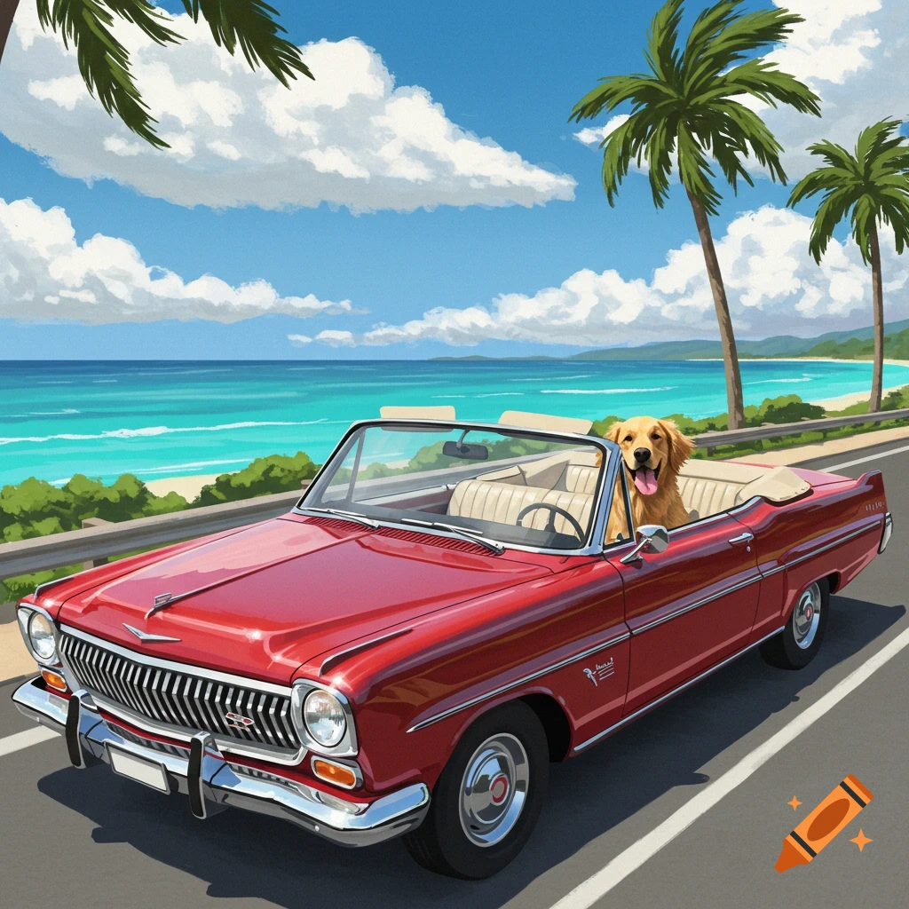 A golden retriever happily rides in a red convertible along a scenic coastal road with palm trees and a blue ocean.