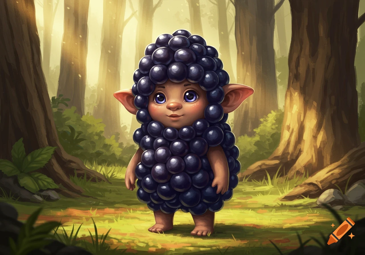 A cute, plump, dark purple blackberry-covered creature with large ears and blue eyes stands in a forest clearing.