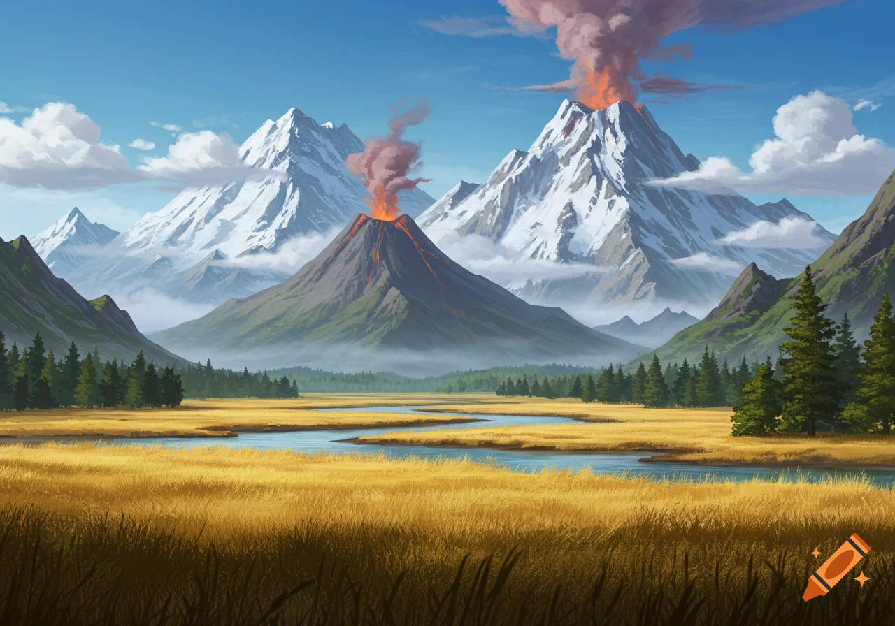 Stylized landscape with two erupting volcanoes, snow-capped mountains, a river through golden plains, and evergreen forests.