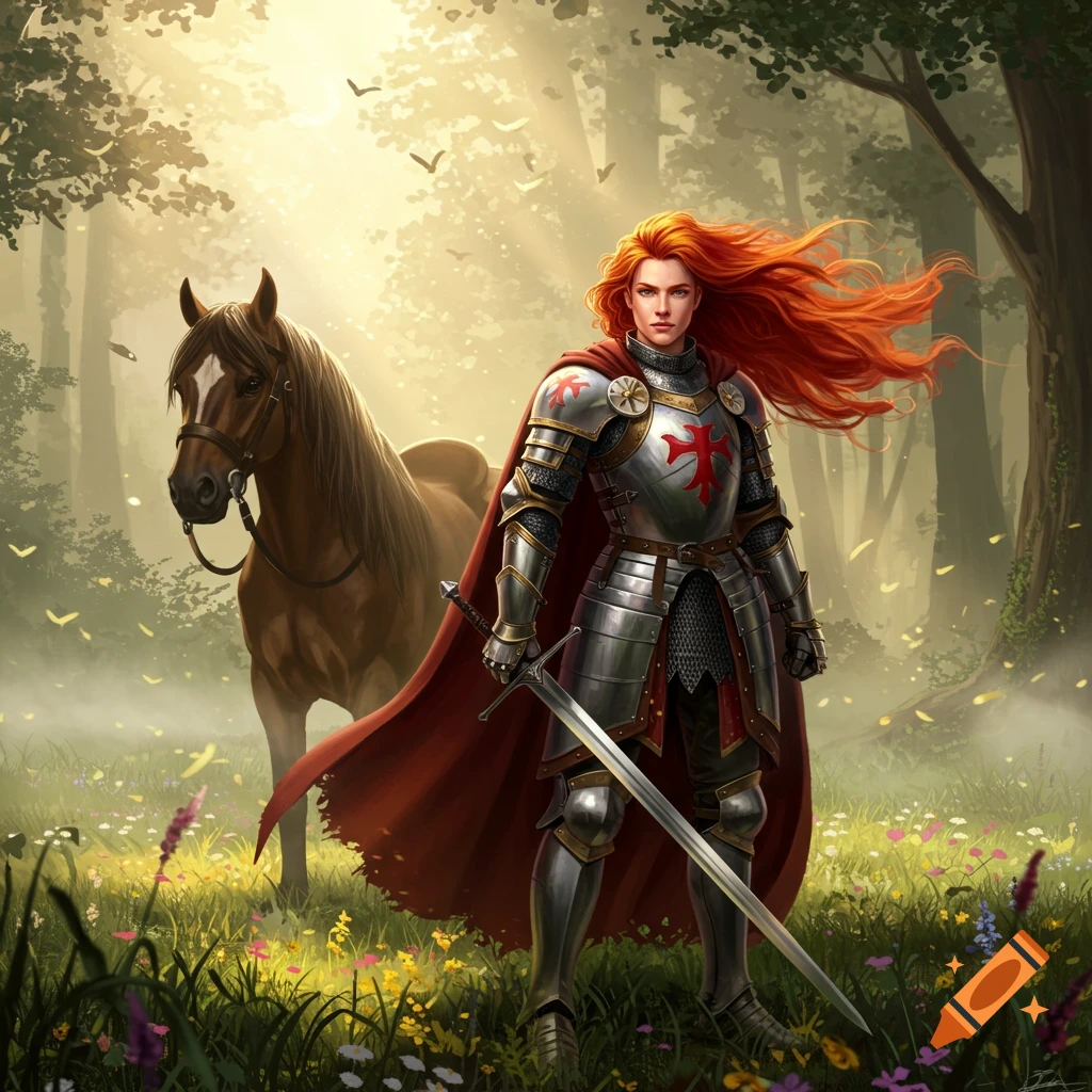 Red-haired female knight in shining armor and red cape, holding a sword, stands with a horse in a sunlit fantasy forest.