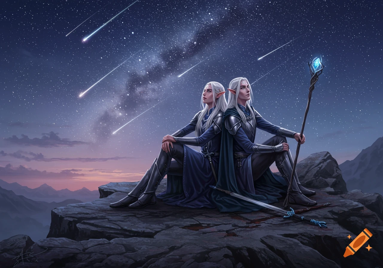 Two silver-haired elves sit on a mountain cliff, watching shooting stars and the Milky Way over a vast landscape.