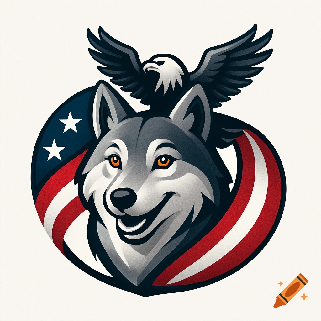 Cartoon logo of a happy gray wolf head in front of a red, white, and blue American flag design, with a bald eagle above.