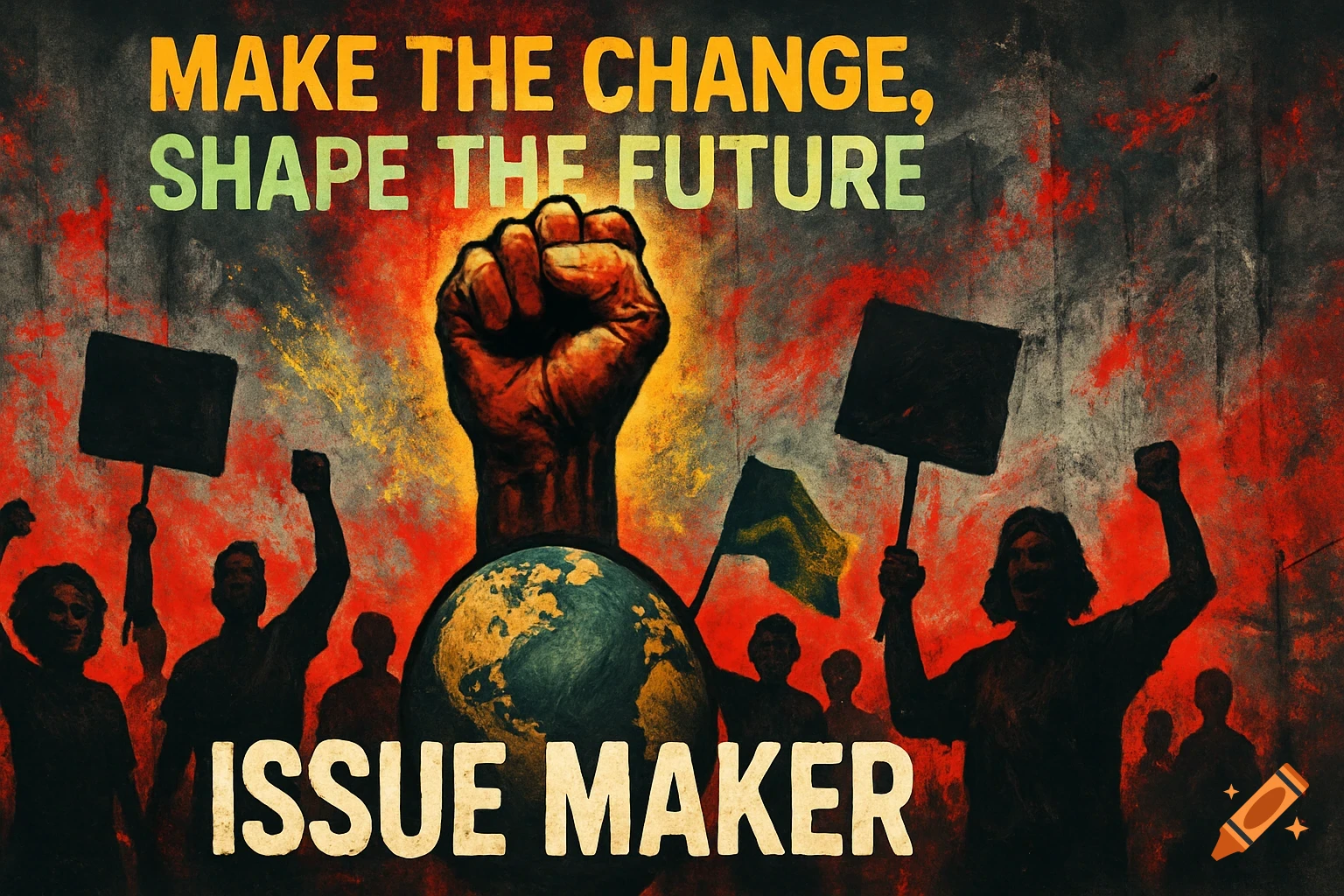 A gritty protest banner with a raised fist emerging from a globe, surrounded by silhouetted figures. Text: 'MAKE THE CHANGE, SHAPE THE FUTURE' and 'ISSUE MAKER'.
