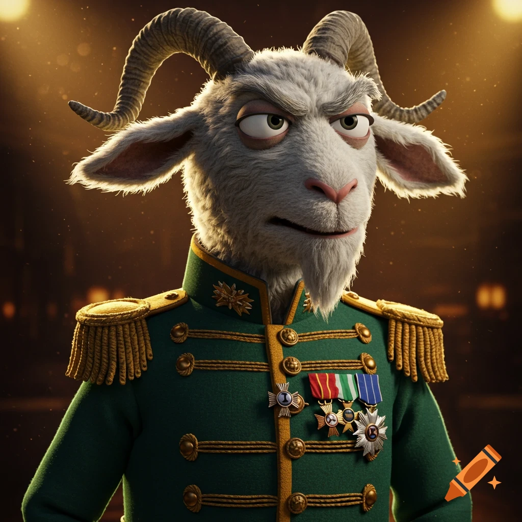 A detailed, animated portrait of a white goat with horns and a goatee, wearing a green military uniform adorned with medals and gold epaulets.