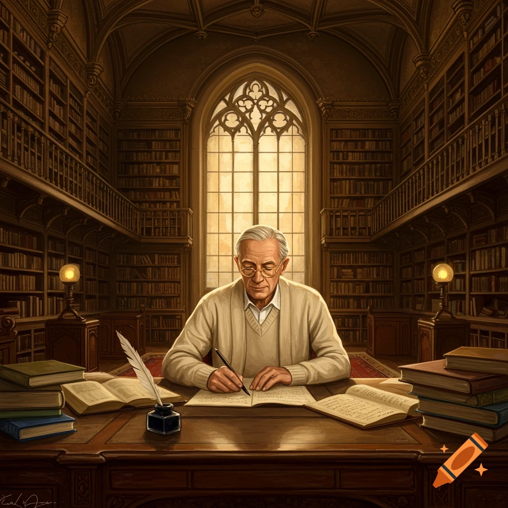 An elderly man with glasses writes at a large wooden desk in a grand, ornate library filled with bookshelves and a large arched window.