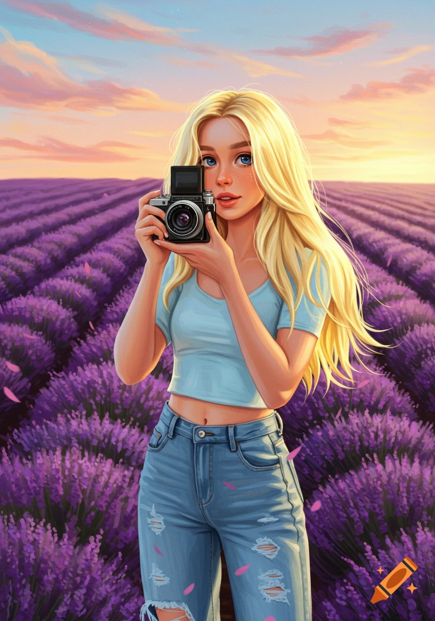 Blonde digital art girl holding a camera in a vibrant lavender field at sunset.