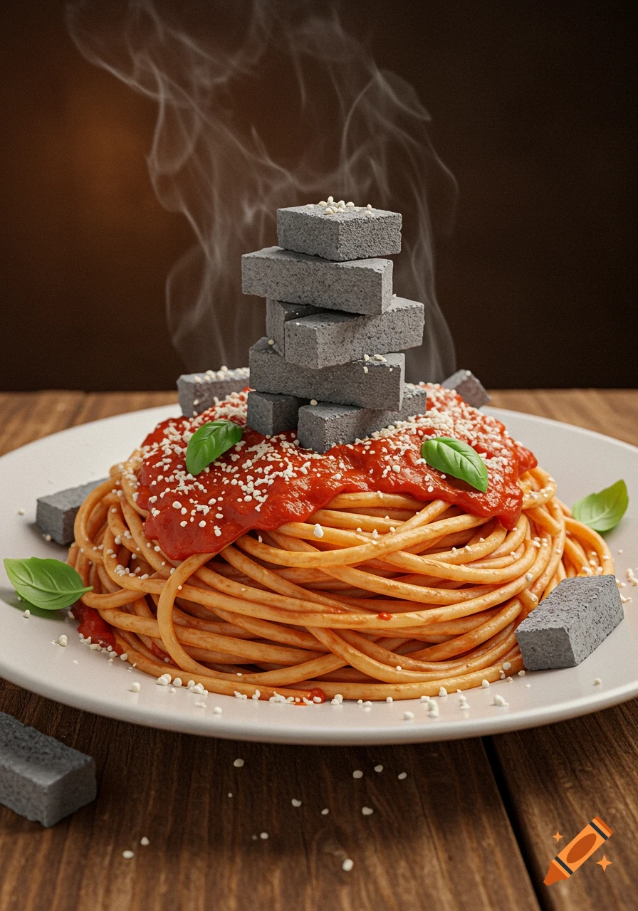 A photorealistic dish of pasta with red sauce, basil, and white sprinkles, featuring gray cinderblocks arranged like noodles with steam rising.