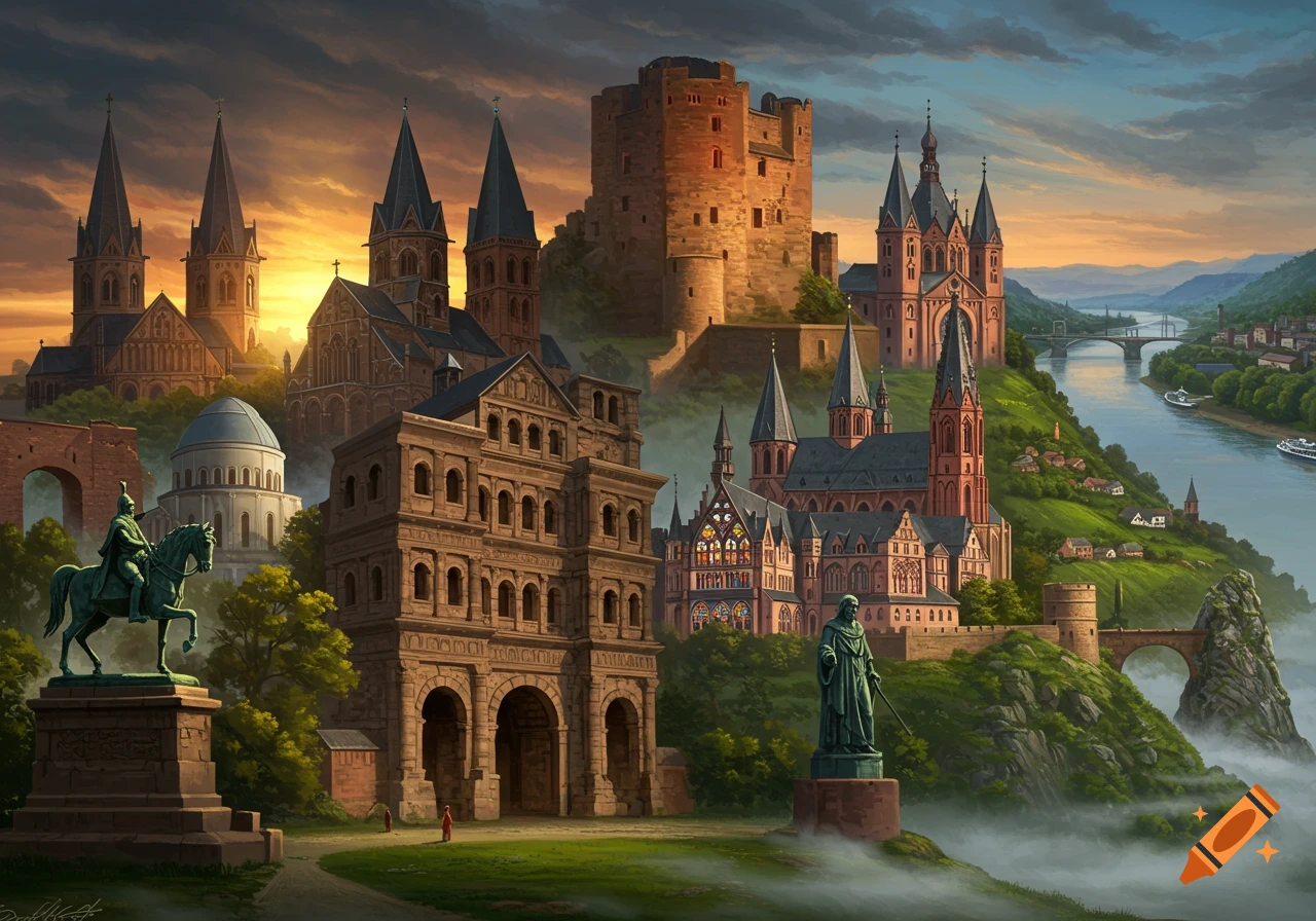A vibrant digital painting of a fantasy landscape featuring a collage of historic German architecture like castles, cathedrals, and a Roman gate, bathed in dramatic sunset light with mist.