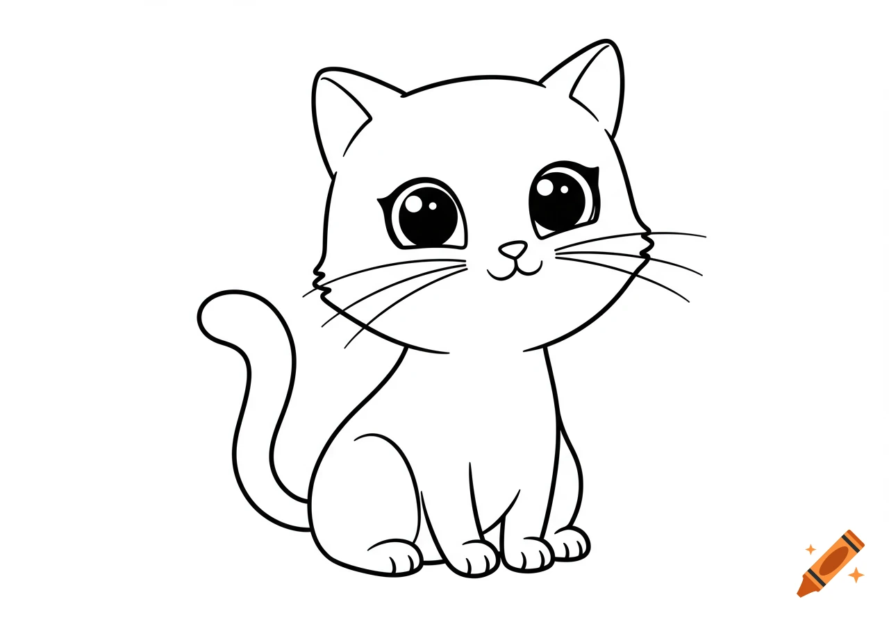 Black and white line art drawing of a cute, cartoon-style cat sitting with large eyes.