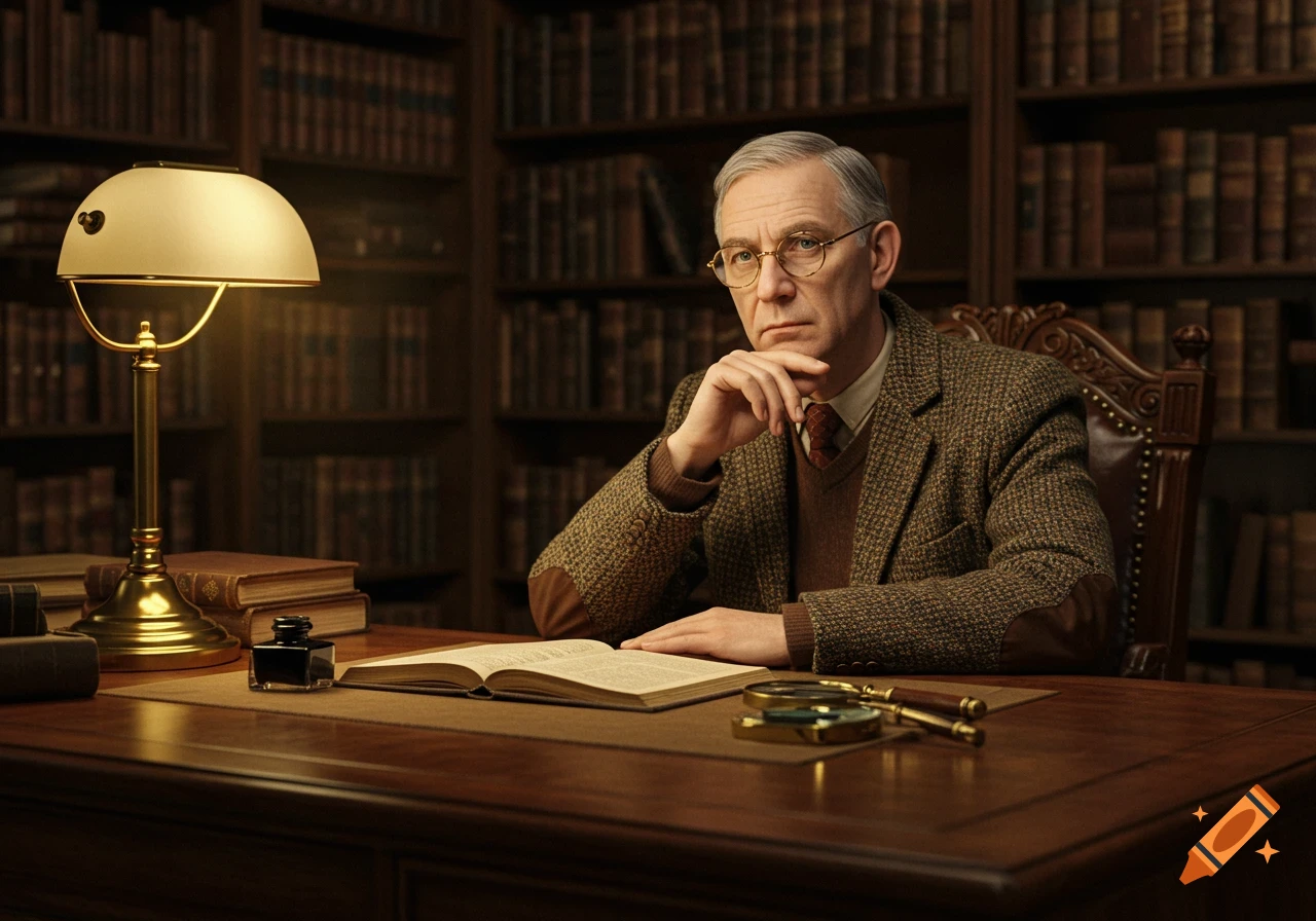 A distinguished older man with glasses sits at a wooden desk in a library, hand on chin. Photorealistic.