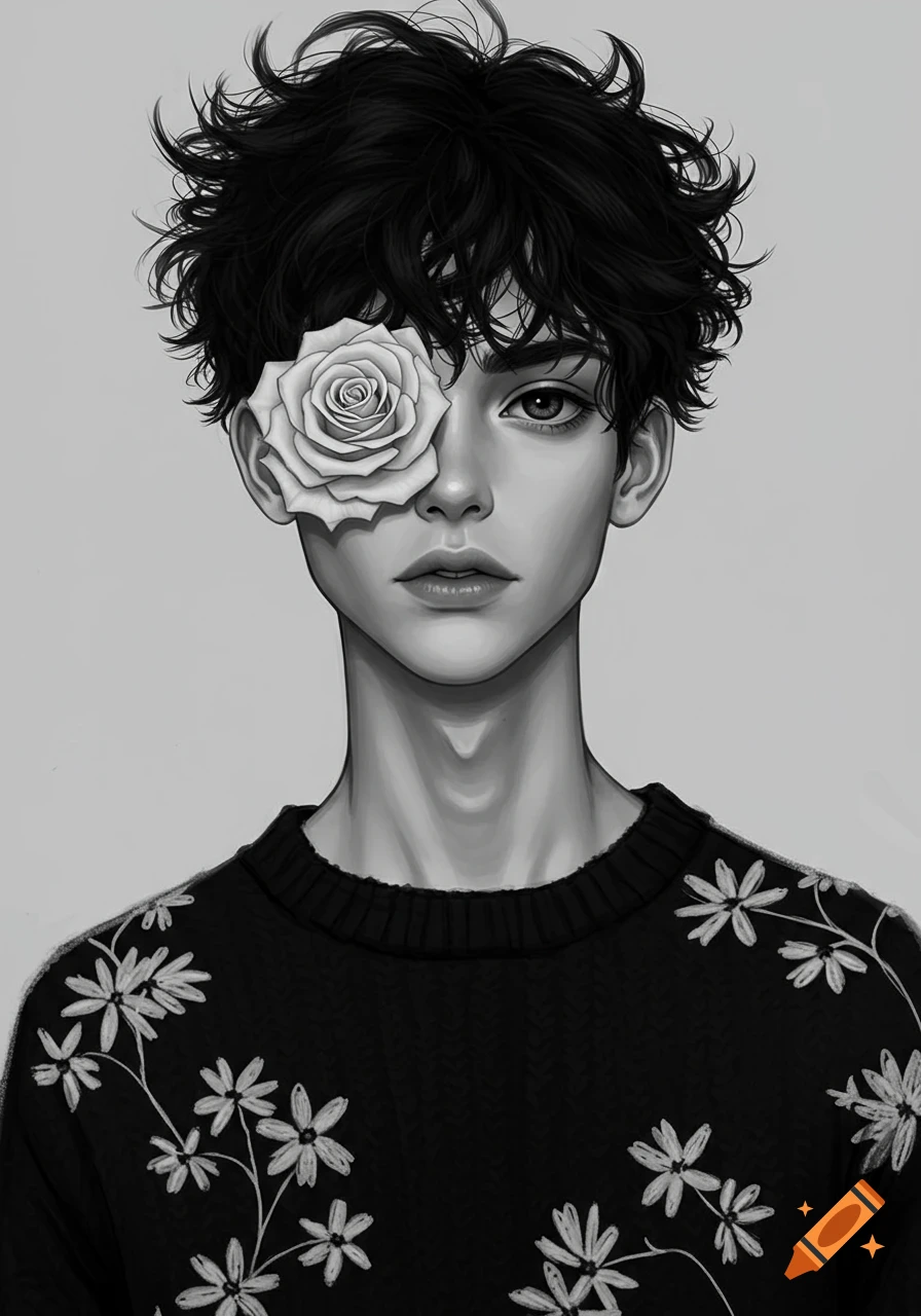 Monochrome drawing of a boy with messy black hair, a white rose covering his right eye, and a black floral sweater.