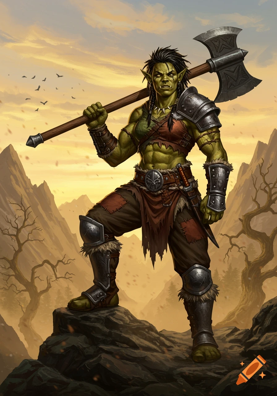 A muscular female orc barbarian with a greataxe stands on a rock in a mountainous landscape at sunset.