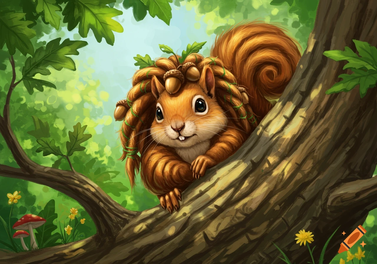 Cute cartoon squirrel with braided fur dreadlocks adorned with acorns and leaves, peeking from a tree in a vibrant forest.