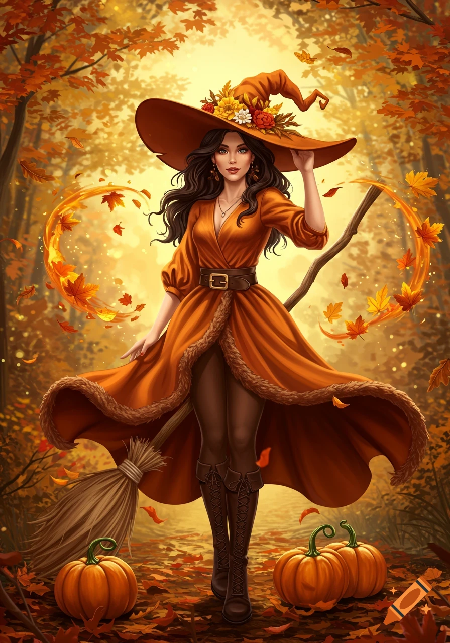 A beautiful witch in an orange dress and a large hat adorned with autumn flowers stands in a fall forest with falling leaves and pumpkins.
