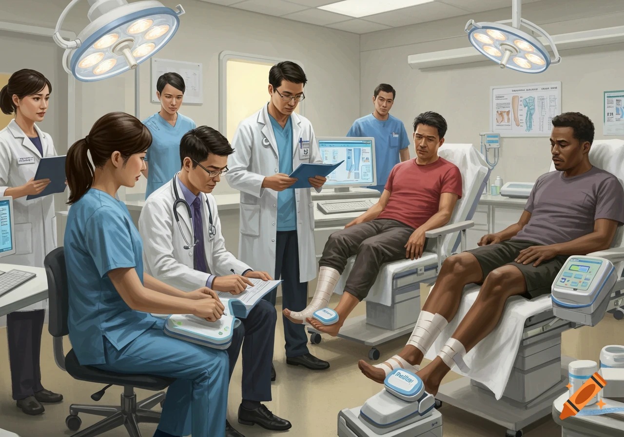 Doctors and nurses in a busy hospital room are examining two male patients who have medical devices on their legs.