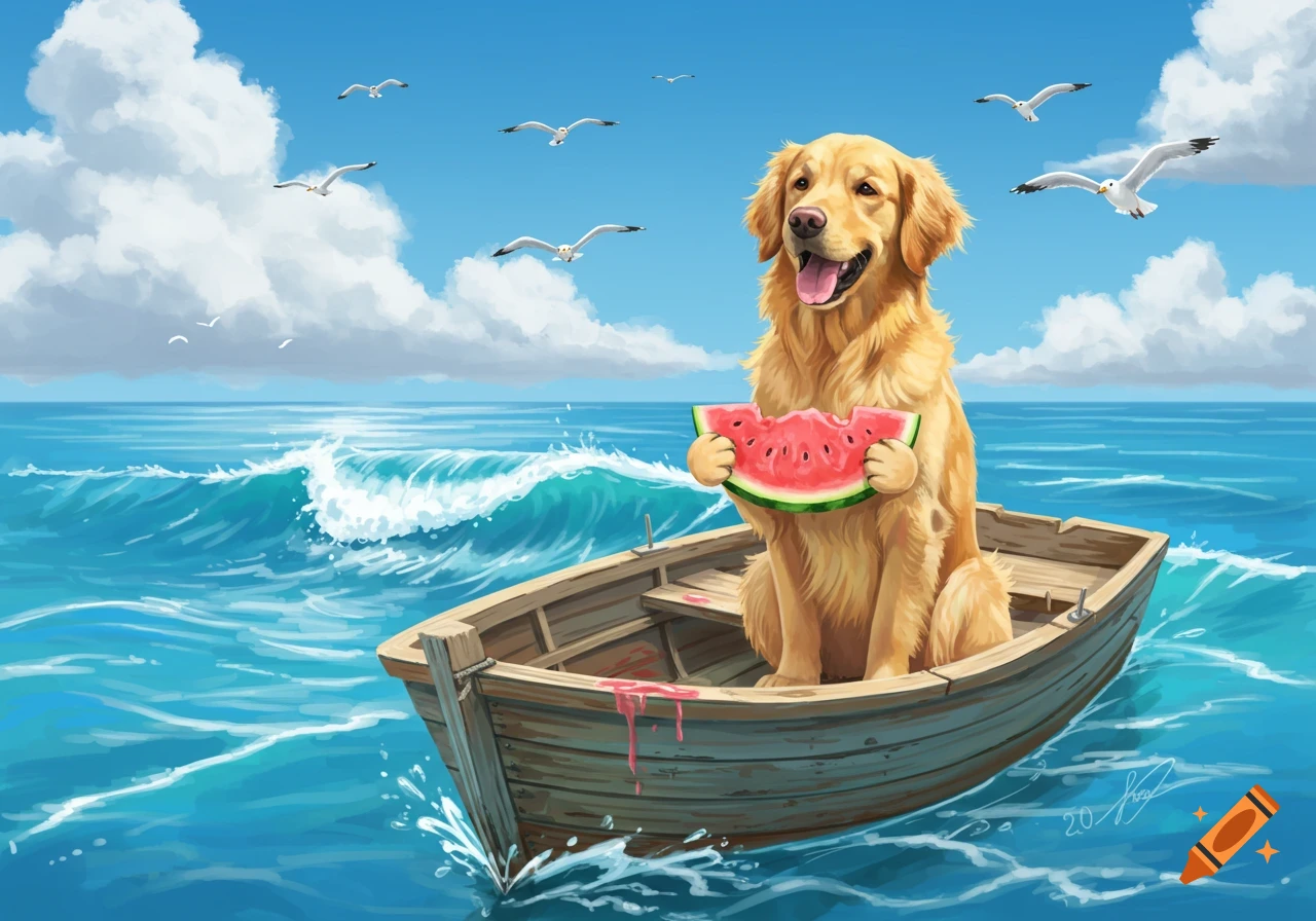 An illustrated golden retriever in a wooden boat on a blue ocean, holding a bitten watermelon slice. Seagulls fly under a clear sky.
