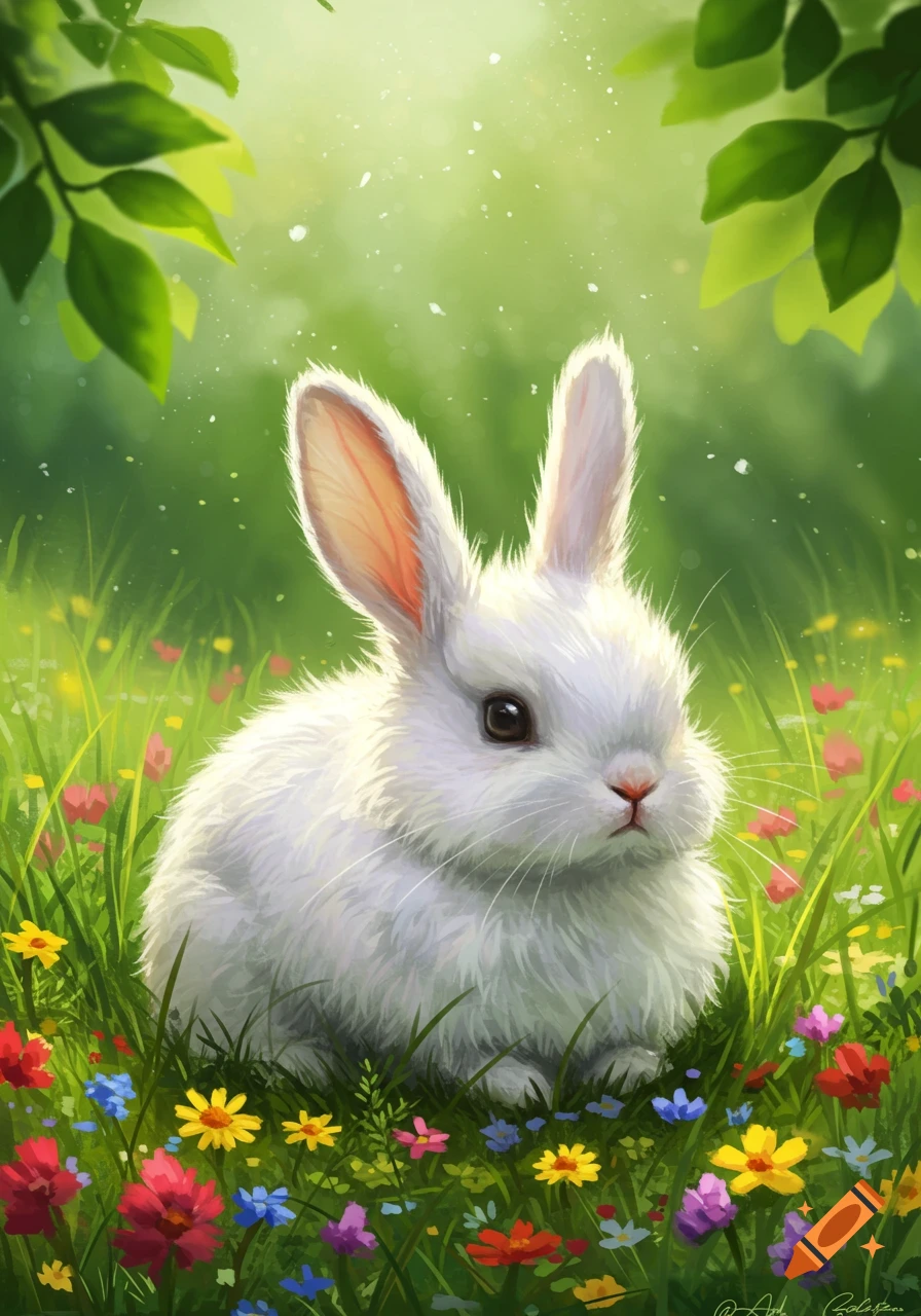 A fluffy white bunny sits in a vibrant green meadow filled with colorful wildflowers, under soft green leaves.