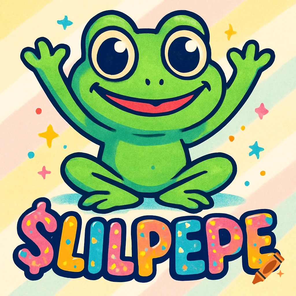 A happy cartoon frog with big eyes smiles and raises its hands above colorful text '$LILPEPE' on a pastel striped background.