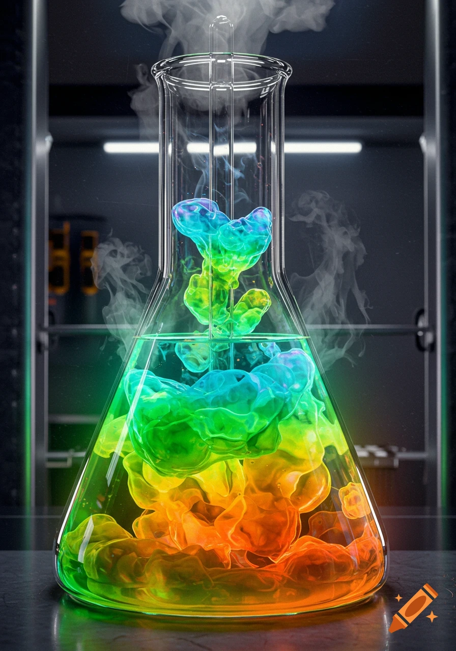 A glass laboratory flask filled with vibrant, swirling rainbow-colored liquids, emitting smoke in a dark lab setting.