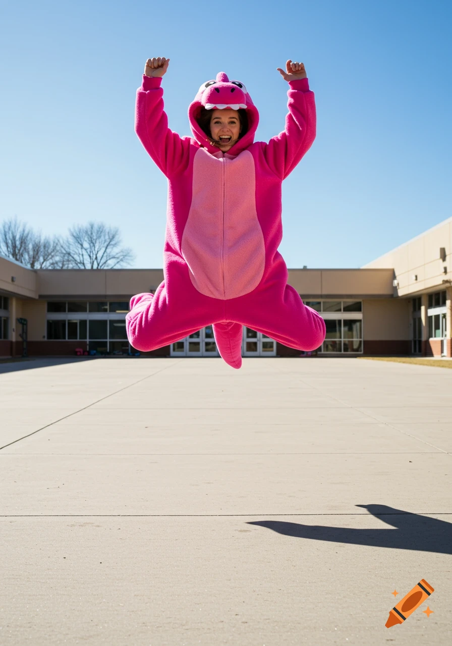 A person in a bright pink dinosaur costume joyfully jumps high in the air in an empty school courtyard under a clear blue sky.