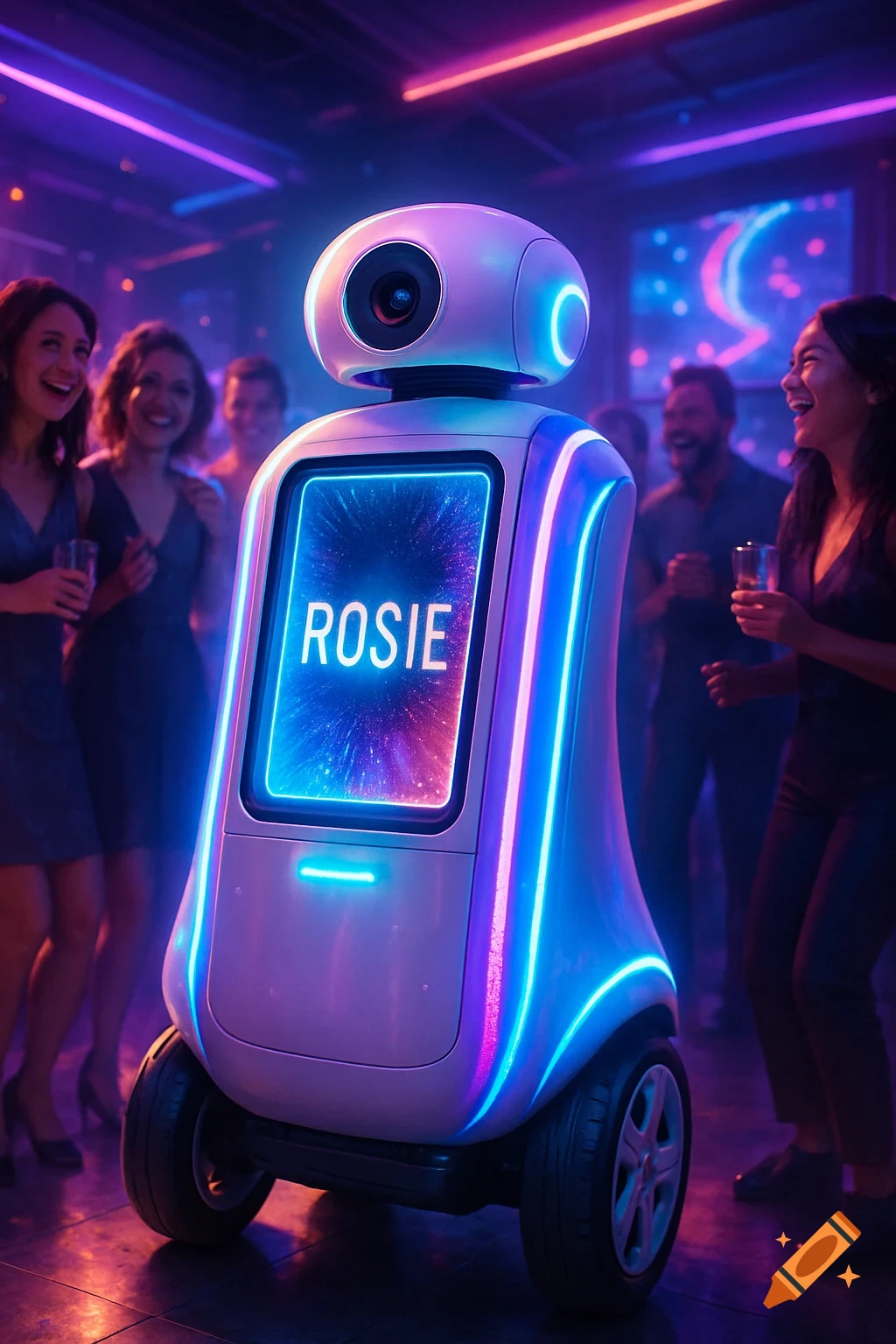 A futuristic robot named Rosie with a glowing screen and colorful LED lights stands at a high-tech party surrounded by smiling people.