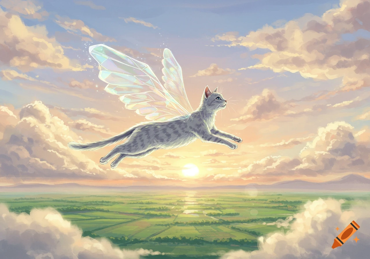 An illustrated gray cat with iridescent crystal wings flies through a cloudy sky above a green landscape at sunset.