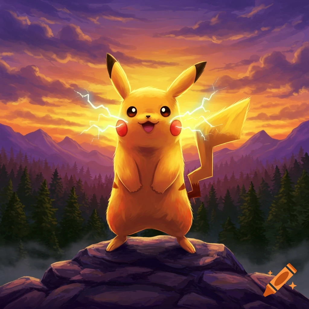 Pikachu stands on a rock, emitting lightning, against a vibrant sunset sky over mountains and a forest.