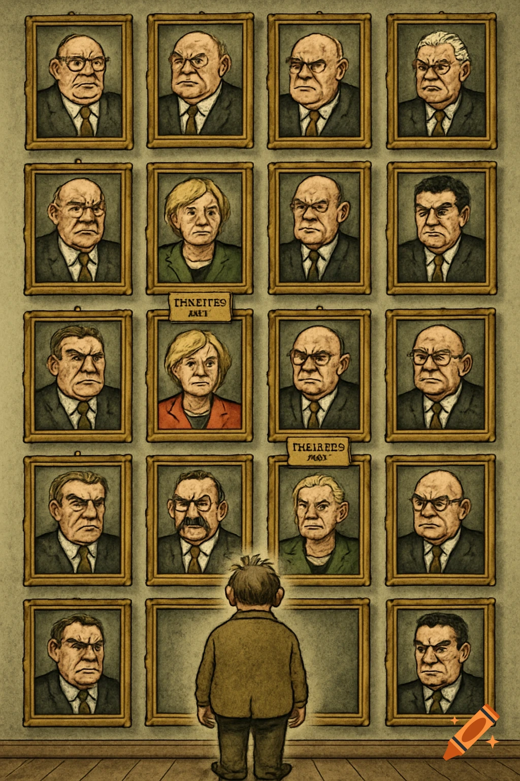 A small person views a wall of 19 framed, grotesque comic-style portraits of serious men and women.
