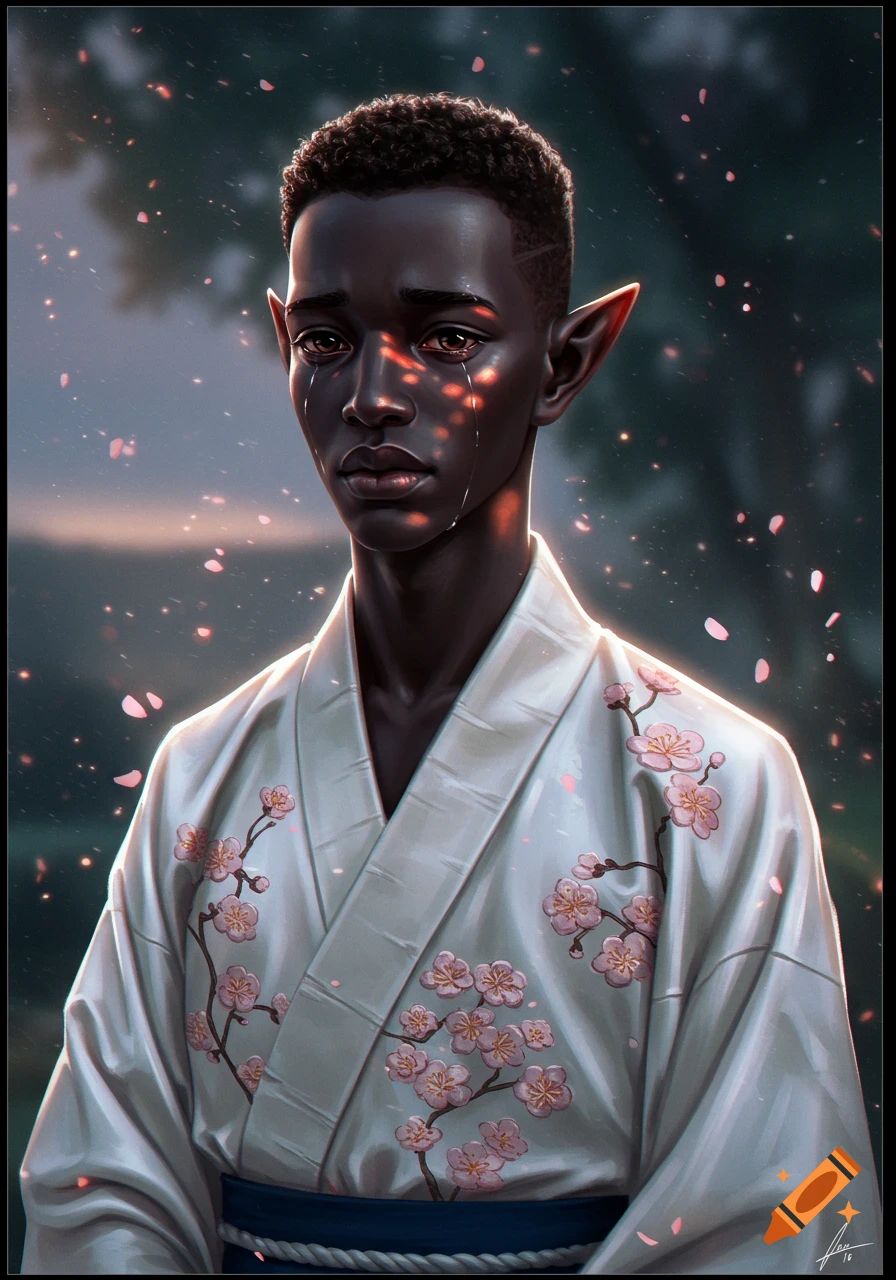 Hyper-realistic illustration of a sad young black elf in a white silk kimono with cherry blossoms, with tears and soft twilight.