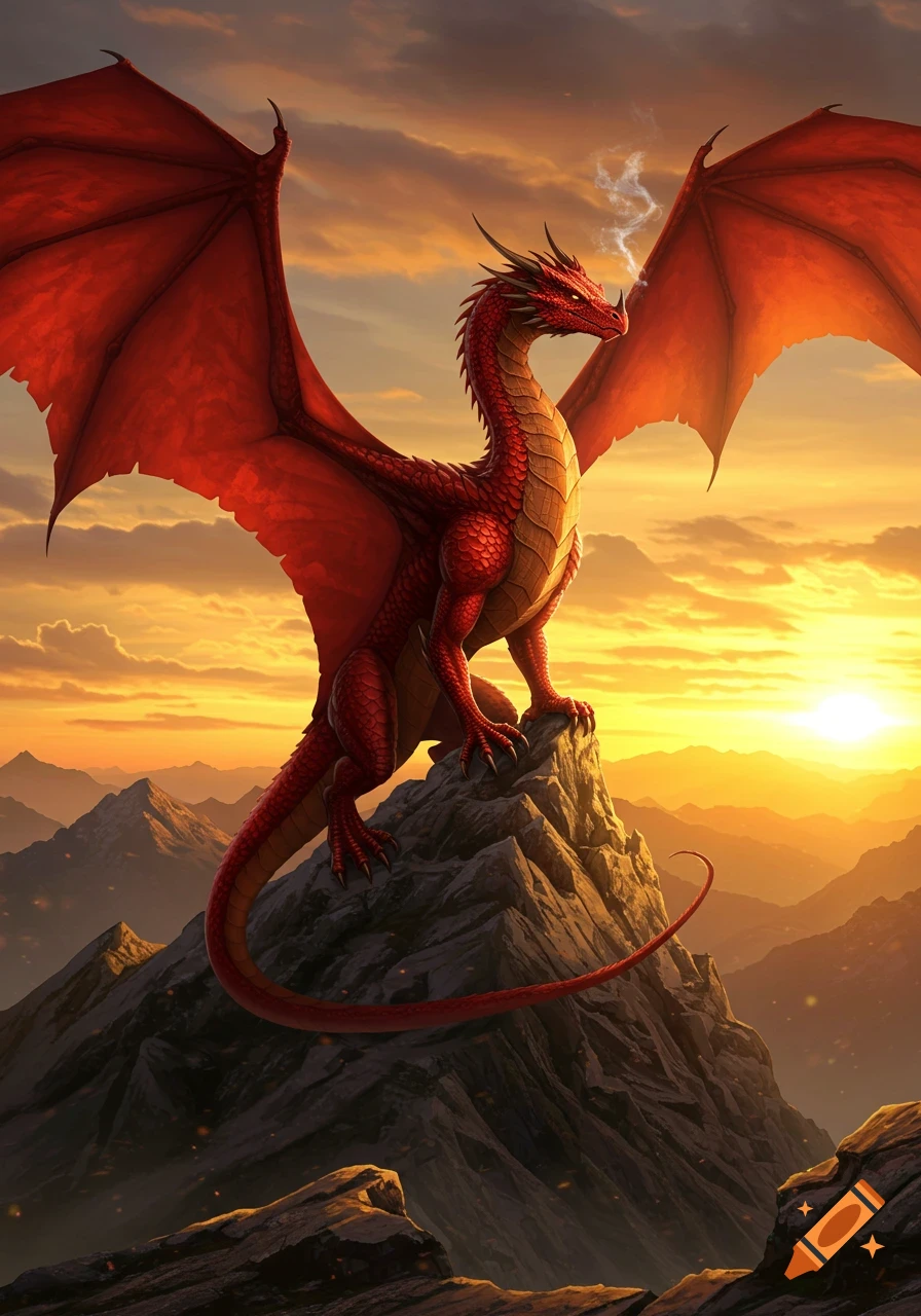 A large red dragon with outstretched wings perches on a mountain peak at sunset, exhaling smoke.