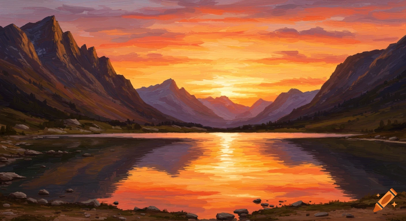 Impressionistic painting of a vibrant orange and red sunset over a mountain lake, reflecting the colorful sky.