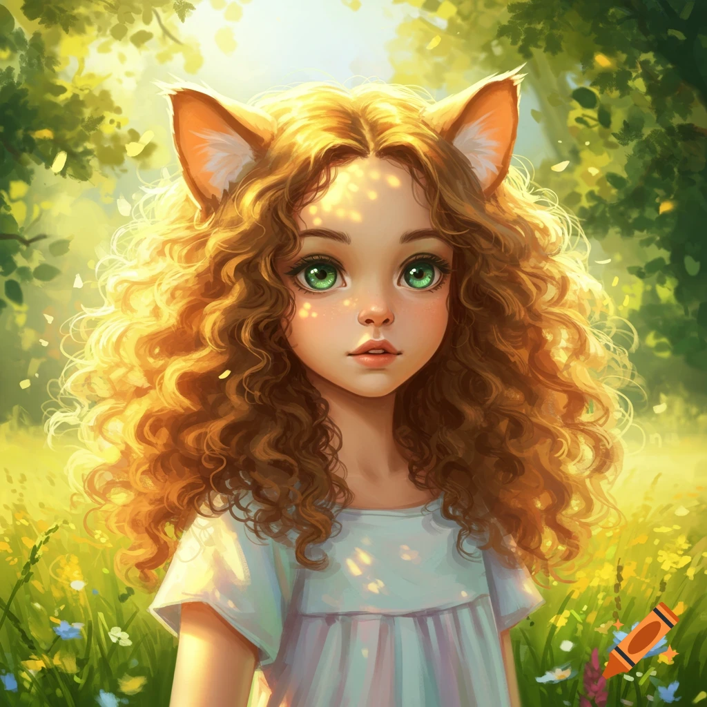 Digital art portrait of a whimsical girl with curly golden hair and cat ears, bright green eyes, in a sunny, flower-filled forest.