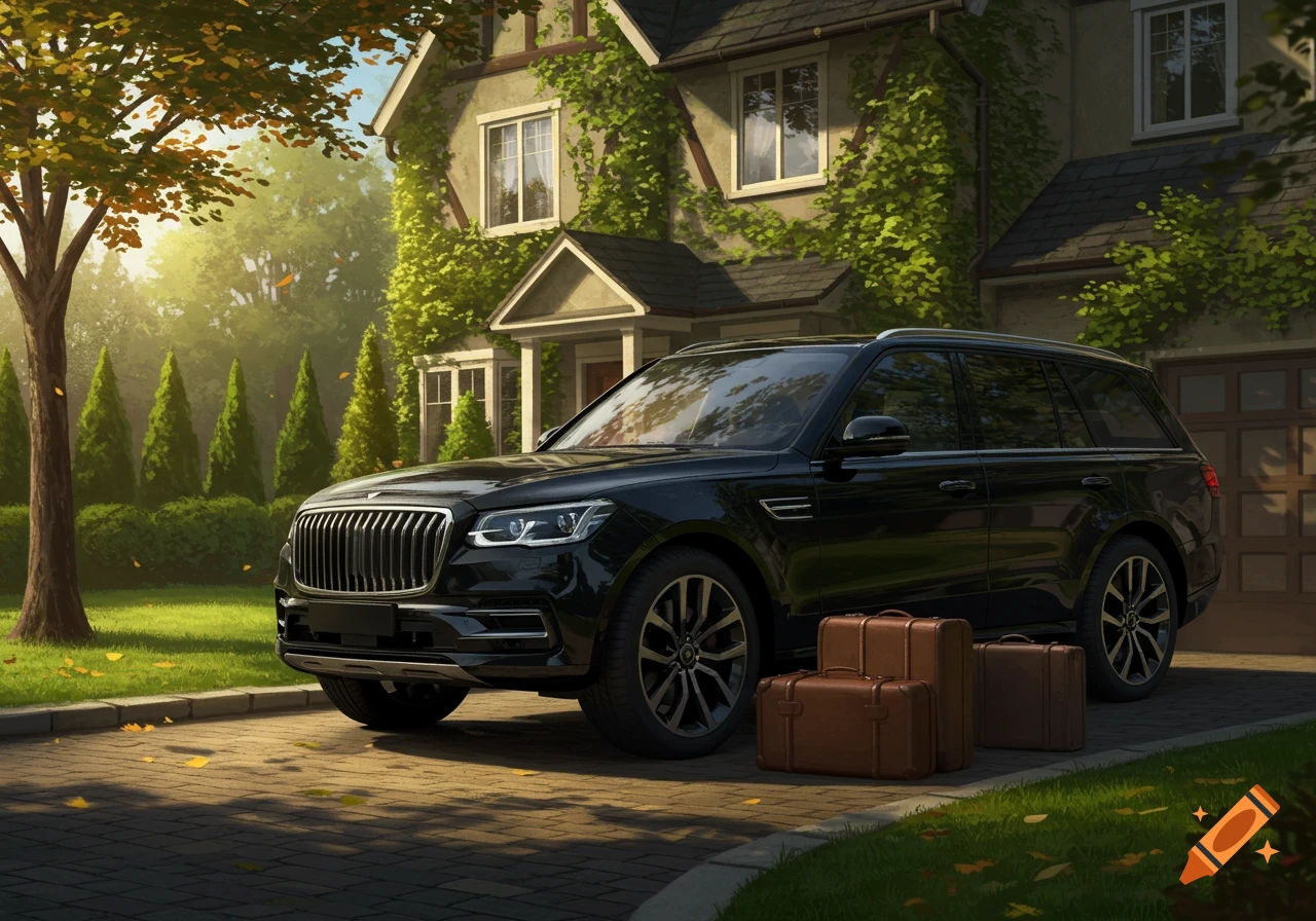 A black luxury SUV is parked on a paved driveway in front of a large, ivy-covered house with three brown suitcases next to it in a suburban neighborhood.