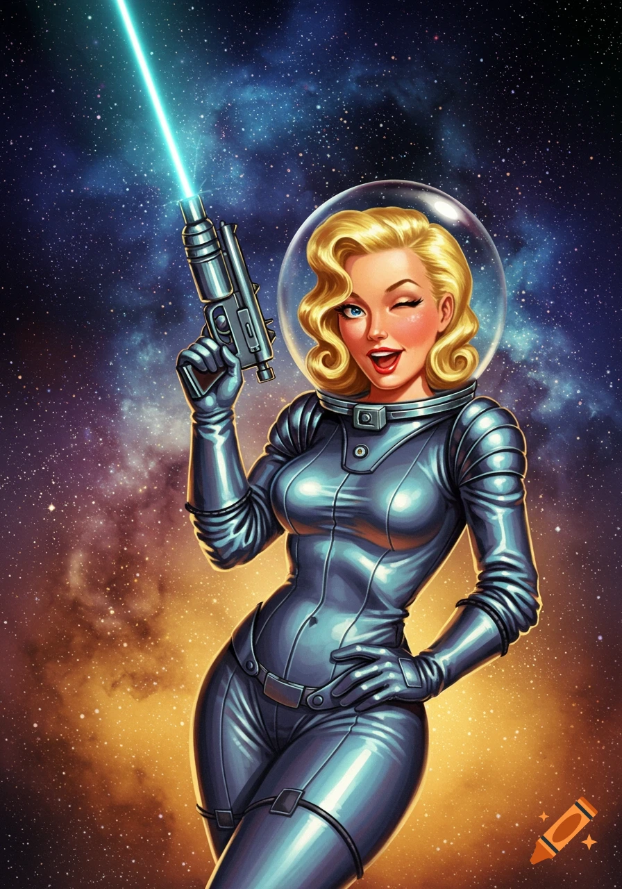 A retro pin-up style astronaut girl winks while holding a laser blaster in space.