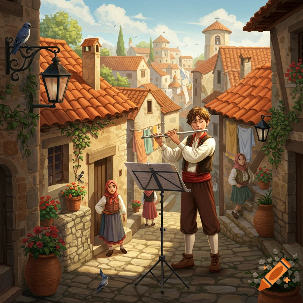A young man plays a flute on a cobbled street in a sunny, old-world village with terracotta roofs and people in traditional attire.