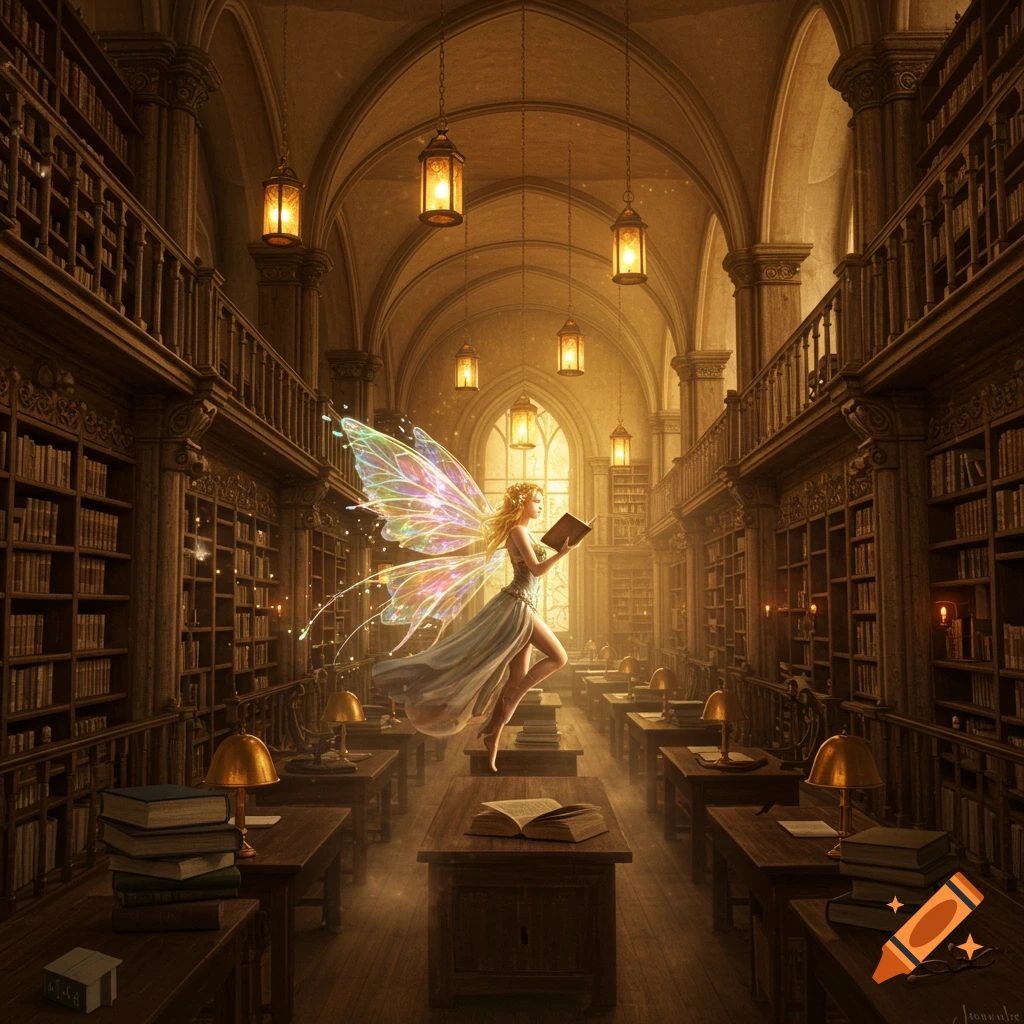 A luminous fairy with iridescent wings floats through a grand, dimly lit library, reading an open book amidst tall wooden shelves and warm lanterns.