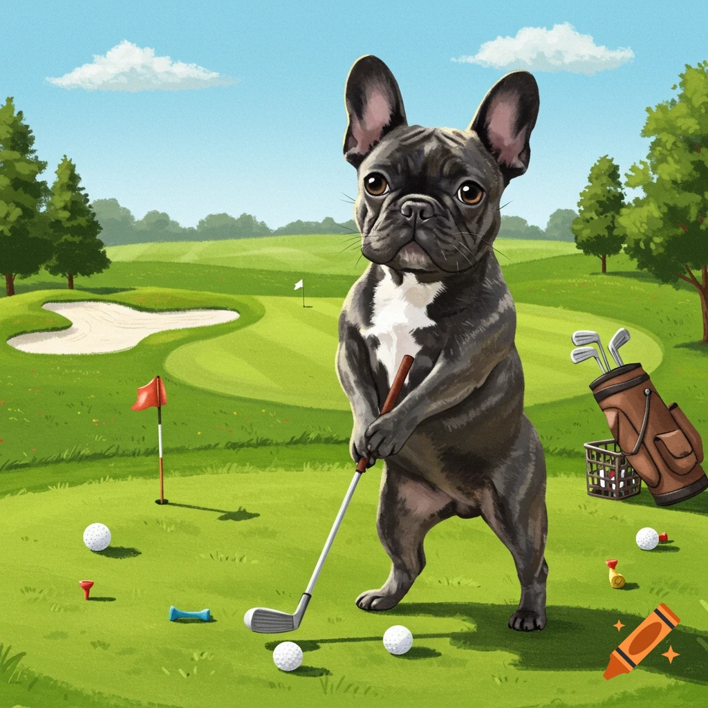 A cartoon French bulldog standing on a golf course, holding a golf club, with golf balls and a flag around it.