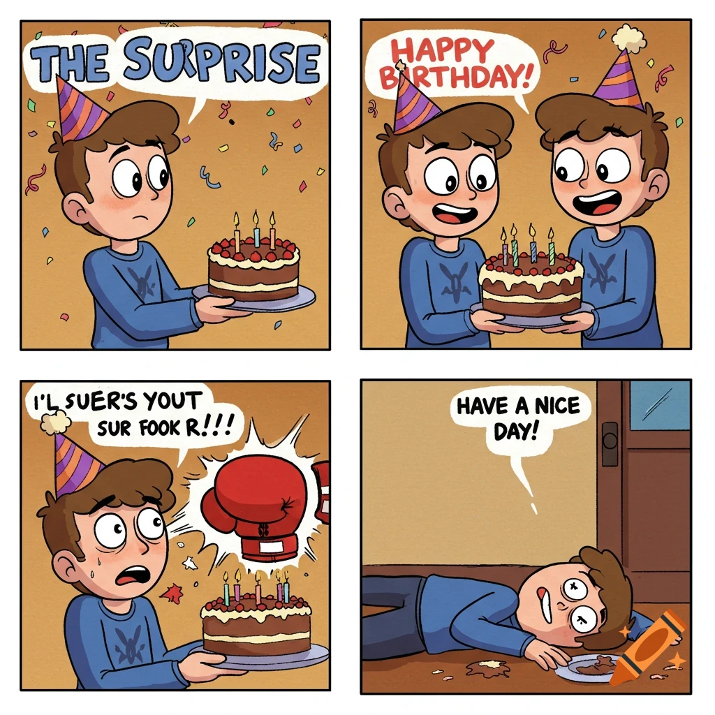A four-panel comic strip about a surprise birthday. A boy offers a cake saying "Happy Birthday," but a boxing glove springs from it, punching the recipient. The giver walks away saying "Have a Nice Day" as the recipient lies dazed on the floor with the spilled cake.